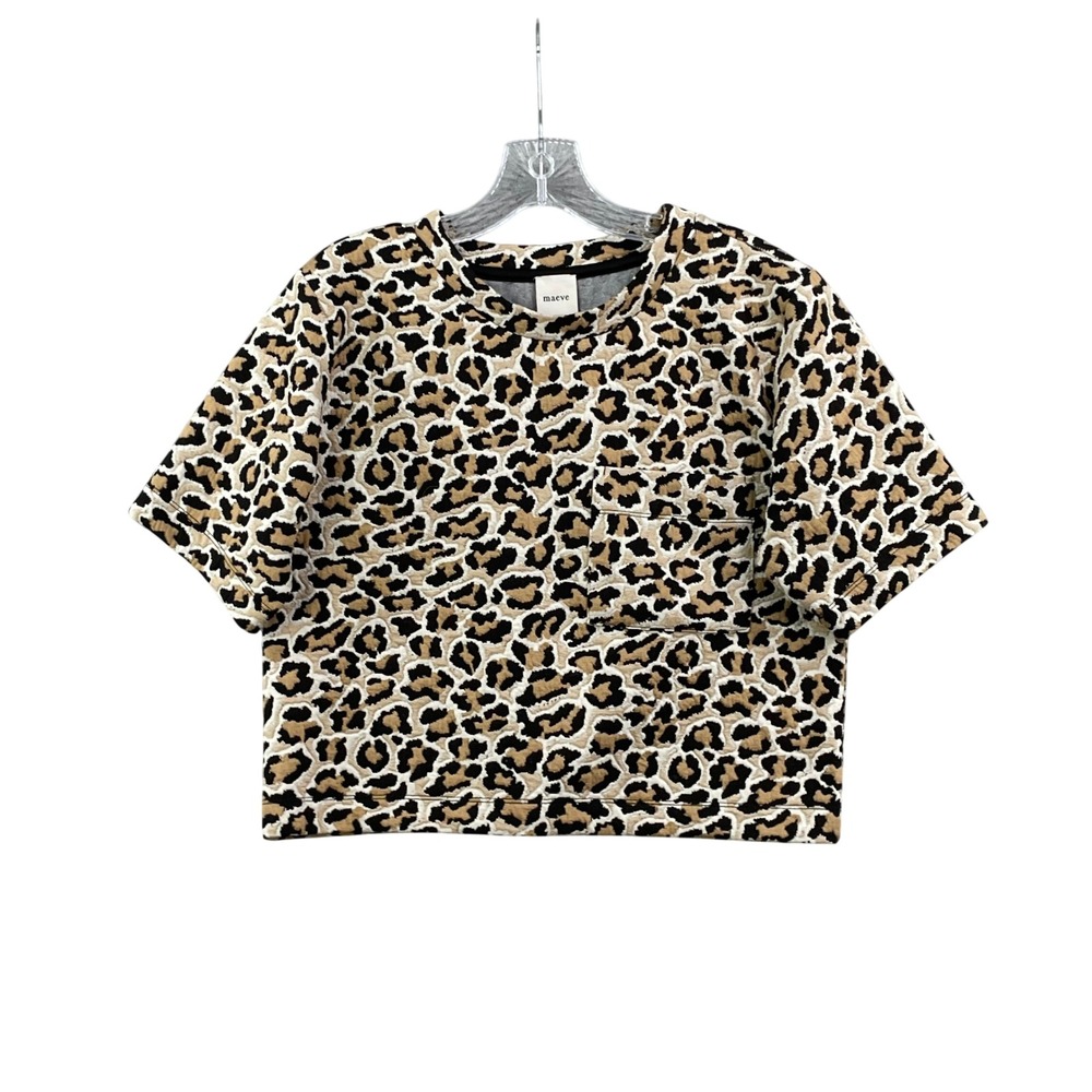 Maeve Anthropology Crop Top Women Small Brown Leopard Print Pocket Textured Knit